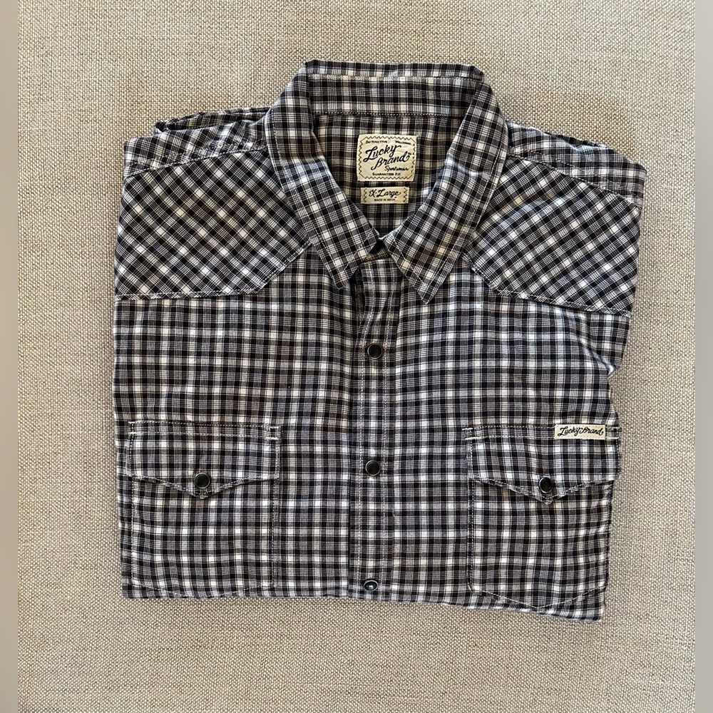 LUCKY BRAND Check Print Snap Front Patch Pocket Chores Shirt in Black Size XL